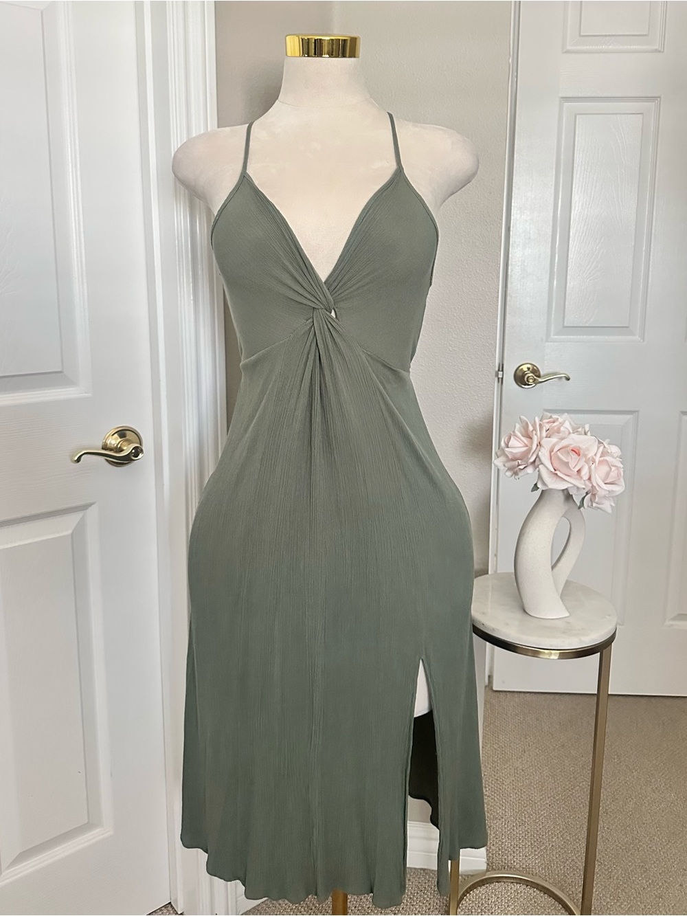 Sage Olive Green Midi Dress w/ Spaghetti Straps, Twist Front & Side Slit Sz S